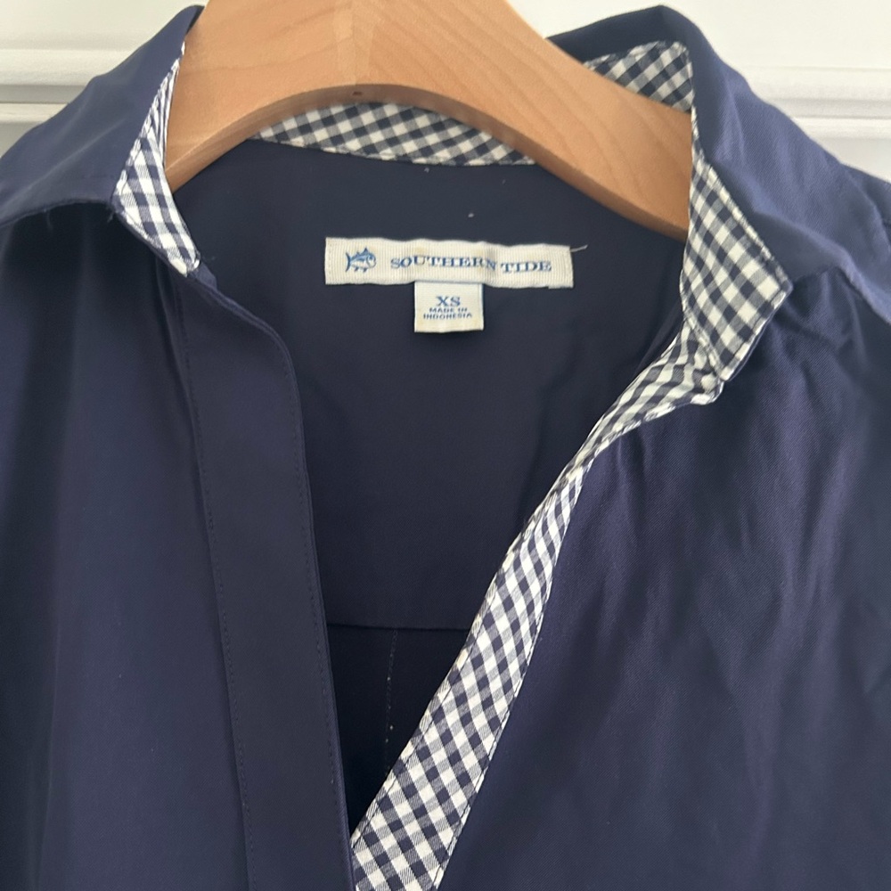 Southern Tide Navy Kamryn Shirt Dress with Checkered Trim